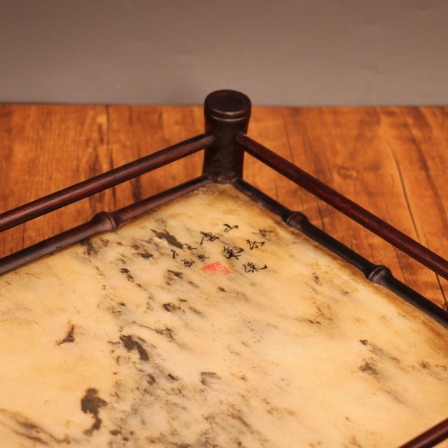 Brown Vintage Rosewood Bamboo-Form Frame & Marble Landscape Tea Tray For Sale - Image 8 of 9