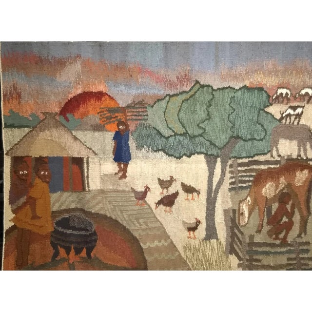 Late 20th Century Vintage African Tapestry, Handwoven Wool, Village Life Scenes, Ivory & Blue, 4x5 For Sale - Image 5 of 10
