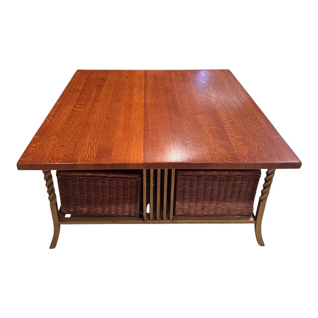 Quartersawn Oak Top Coffee Table With Iron Base and Four Wicker Baskets For Sale