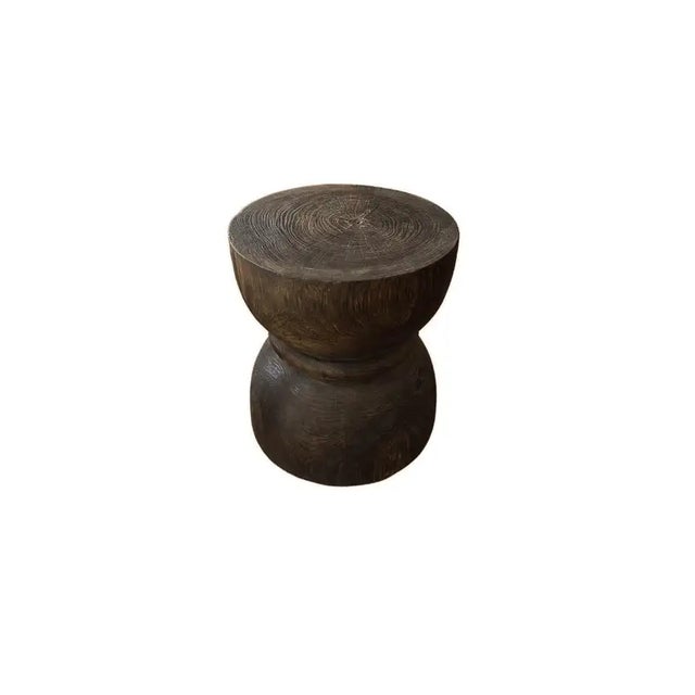 Round Teak Wood Side Table, Dark Brown Finish, Hour Glass Design, Modern Organic For Sale - Image 4 of 5