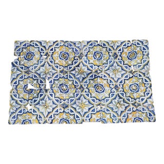 17th Century Portuguese Antique Tiles Set of 40 Blue, Yellow & White Geometric Floral For Sale