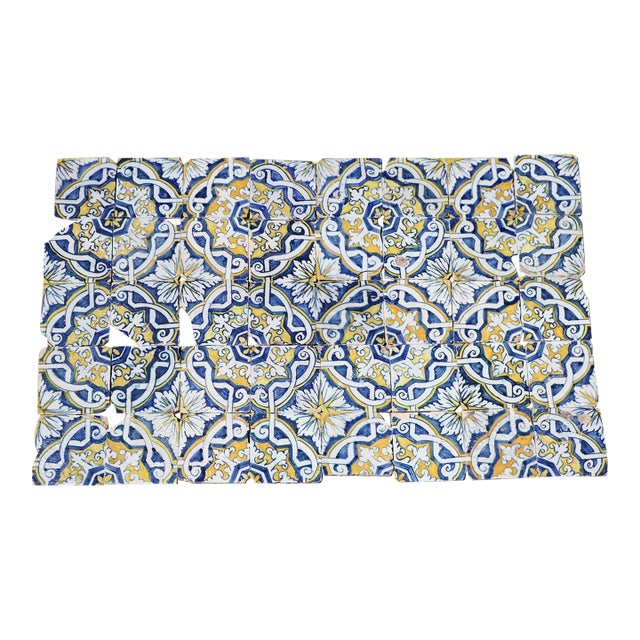 17th Century Portuguese Antique Tiles Set of 40 Blue, Yellow & White Geometric Floral For Sale
