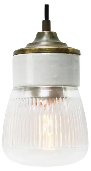 Vintage Industrial White Porcelain and Brass Pendant Light with Striped Clear Glass