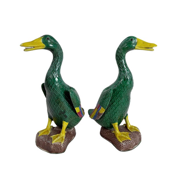 Chinese Mid 20th Century Chinese Export Hand-Painted Polychrome Ceramic Mallard Ducks - A Pair For Sale - Image 3 of 10