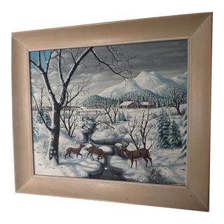 Mid 20th Century s.a. Quesada Signed Original Winter Landscape Oil Painting With Deer & Cabin For Sale