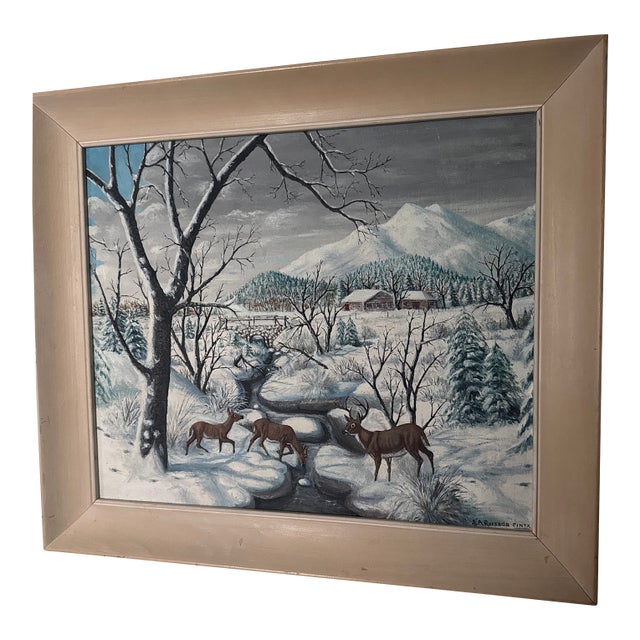 Mid 20th Century s.a. Quesada Signed Original Winter Landscape Oil Painting With Deer & Cabin For Sale