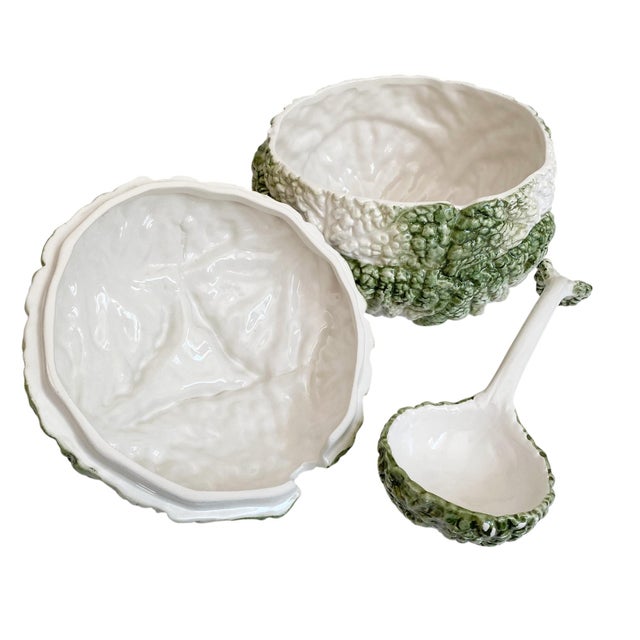 Large Vintage Majolica Cabbage Lidded Soup Tureen & Ladle For Sale - Image 10 of 12