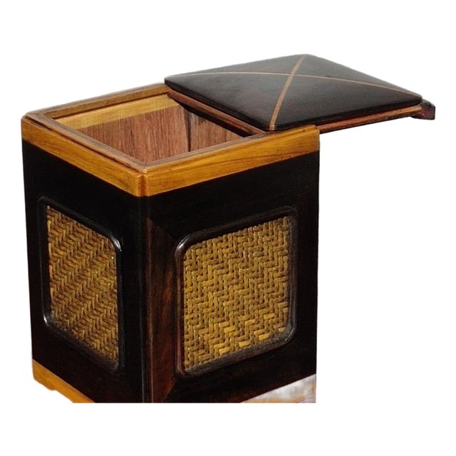Wooden Tea Caddy Box With Woven Bamboo Panels and Sliding Lid For Sale