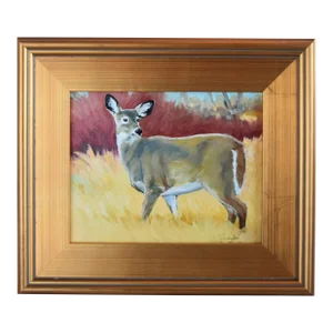 Artist Signed Wildlife Doe Deer in Grassy Landscape Painting Including the Antiqued Gold Wood Frame