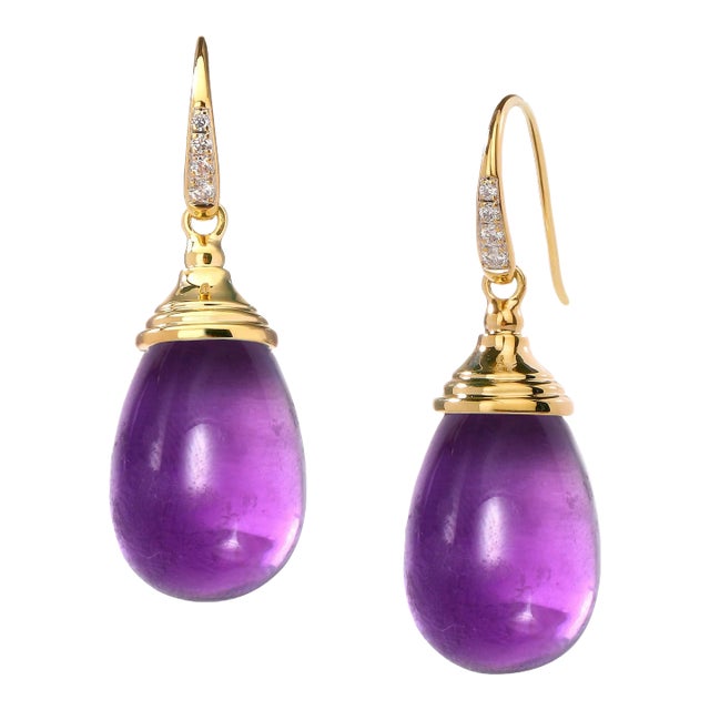 Syna Amethyst Yellow Gold Drop Earrings with Diamonds, a Pair For Sale