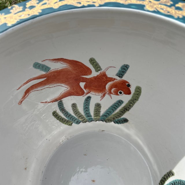 1920s Antique Very Large Chinoiserie Enameled Porcelain Emerald Green With 24k Gold Koi Fish Planter/Jardiniere For Sale - Image 5 of 12