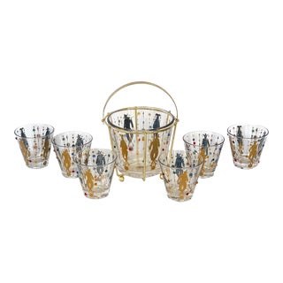 Vintage Culver Mardi Gras Low Ball Cocktail Glasses With Ice Bucket- 7 Pieces For Sale