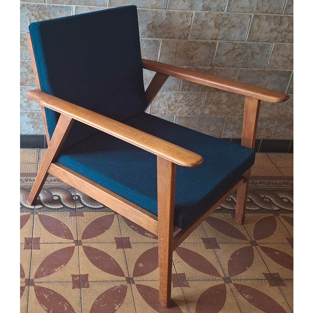 Blue Danish Teak Lounge Chair with Sea Blue-Green Fabric, 1960s For Sale - Image 8 of 11