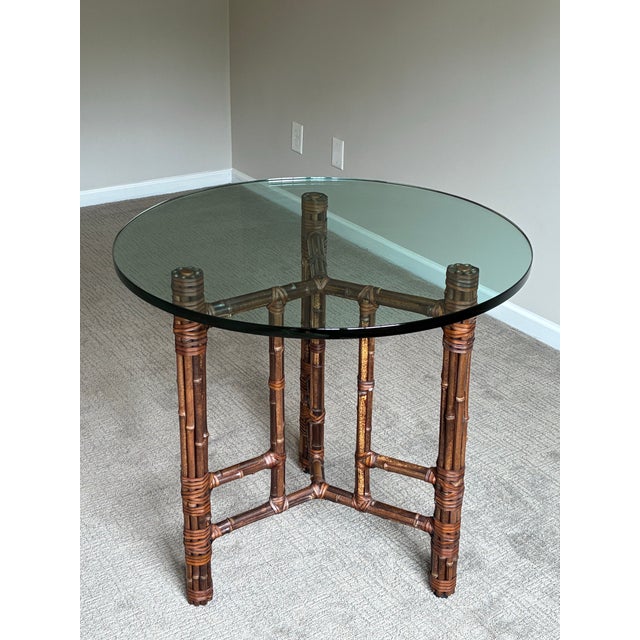 Late 20th Century Vintage McGuire Bamboo Rattan Round Glass Top Side / Center Table For Sale - Image 5 of 6