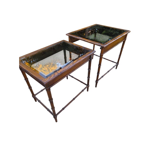 Hollywood Regency Thomasville Vintage Faux Bamboo Nesting Stacking Tables Hollywood Regency Glass For Sale - Image 3 of 18