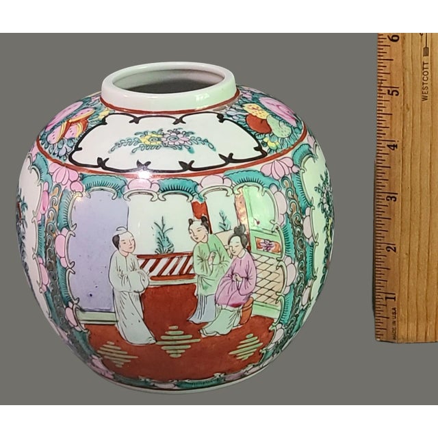 Vintage Asian Chinoiserie Famille Rose Hand Painted Colorful Figural Floral Vase For Sale - Image 6 of 9