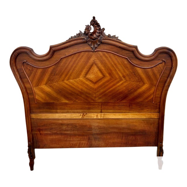 Antique French Carved & Shaped Walnut Full Size Headboard For Sale