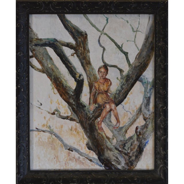 The artwork depicts a young girl perched on a gnarled tree branch, her expression contemplative and serene. The organic...