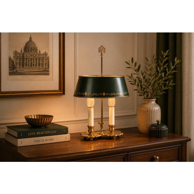 French-style bouillotte table lamp dating to the 1950s, with two candle-style light fittings above a scalloped brass base....