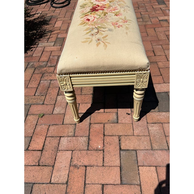 French Country Rectangular Vintage Bench With Tapestry Top For Sale - Image 3 of 12