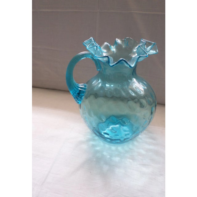 1910s Antique Northwood Hand Blown Blue Coin Dot Pitcher With Blue Ribbed Handle For Sale - Image 5 of 8