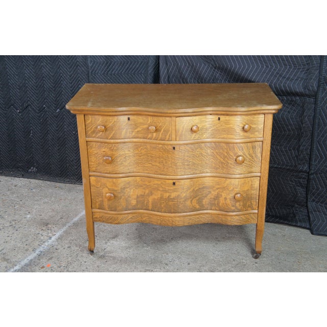 Antique Victorian Quartersawn Oak Serpentine Oxbow Dresser & Mirror Washstand For Sale - Image 11 of 12