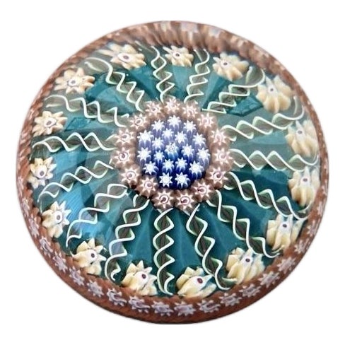 Vintage Perthshire Art Glass Paperweight Twist & Millefiori in Green & Amber, Made in Scotland For Sale