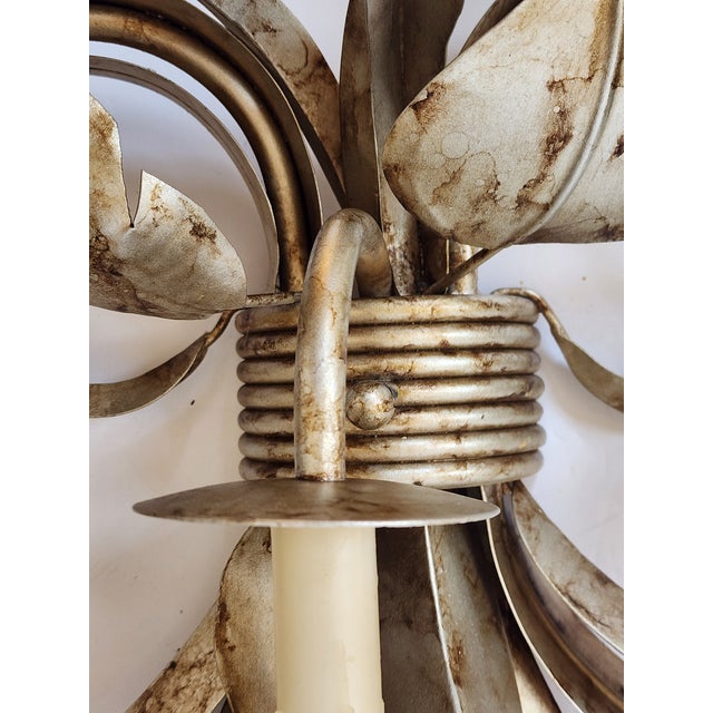 Metal Original 22 Palm Leaf Motif Wall Sconces-a Pair For Sale - Image 7 of 12