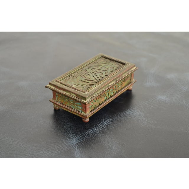 Tiffany Studios Tiffany Studios New York Pine Needle Pattern Bronze and Favrile Slag Glass Stamp Box For Sale - Image 4 of 12