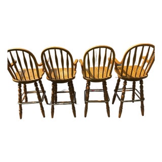 Vintage 1980s Virginia House Solid Oak Windsor Swivel Bar Stools - Set of 4 For Sale
