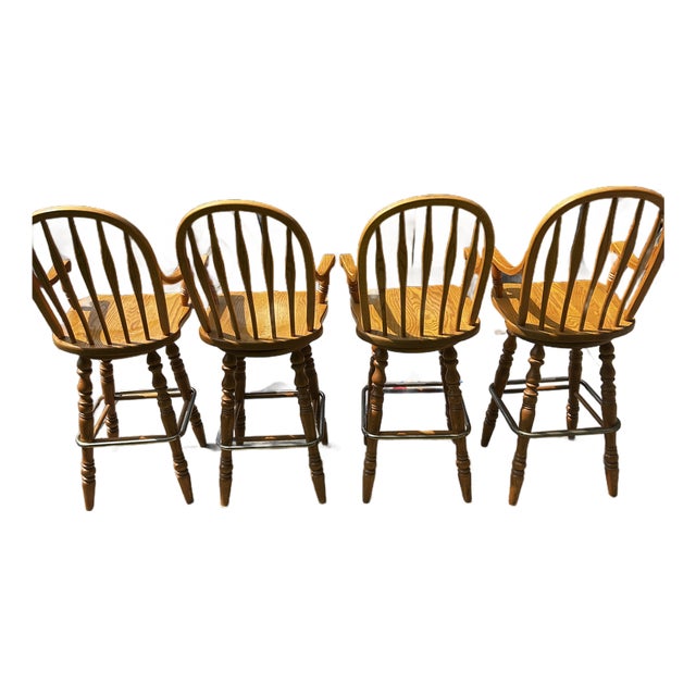 Vintage 1980s Virginia House Solid Oak Windsor Swivel Bar Stools - Set of 4 For Sale