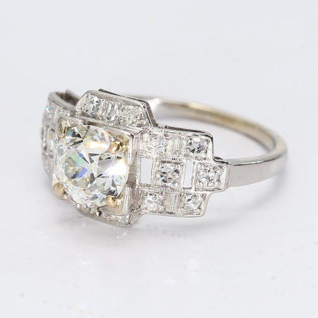 Vintage Platinum Art Deco Ring With Old European Cut Center Diamond - Size 4.5 For Sale - Image 4 of 4