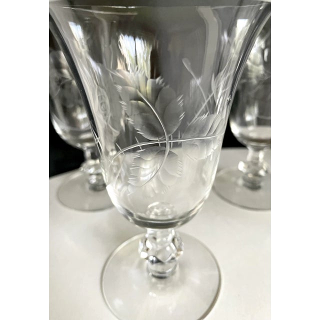 Transparent 1940's Dolly Madison Rose Etched Crystal Glasses by Heisey - Set of 7 For Sale - Image 8 of 12
