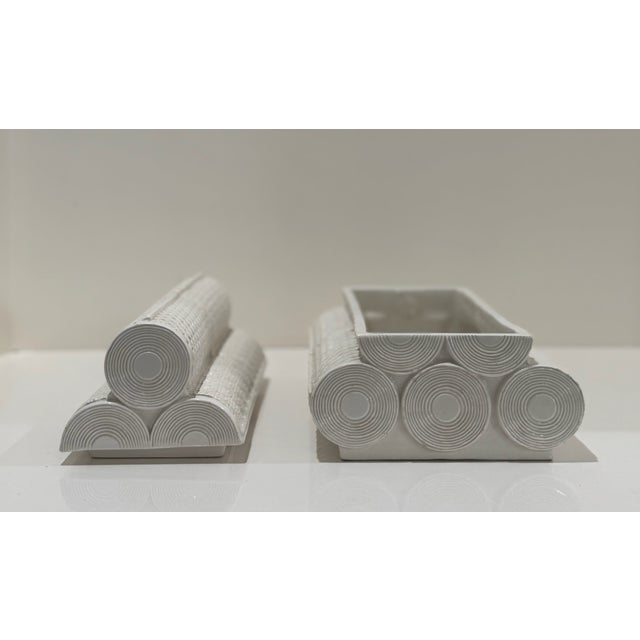 Ceramic Italian Ceramic Sculptural Box Signed, 1980 – White Textured “Stacked Logs” Form For Sale - Image 7 of 13