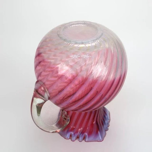 Pink Cranberry & Opalescent Swirled Glass Juice Pitcher With Ruffled Rim 20thC For Sale - Image 8 of 9