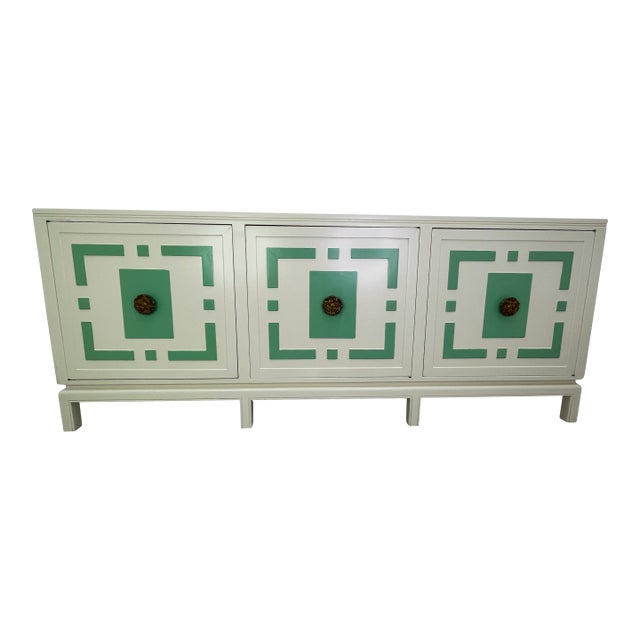James Mont Style Lacquered Credenza in Cream & Mint Green, Hollywood Regency, 1960s (Attributed) For Sale