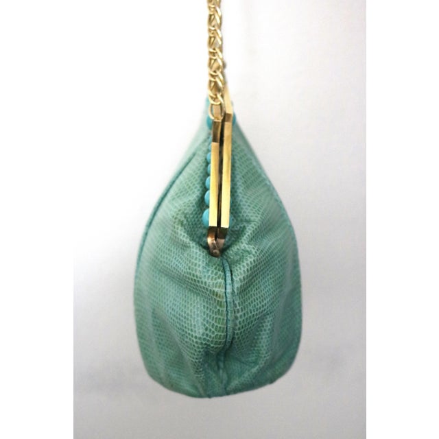 1930s 1930 Art Deco Gold Plate Frame Snakeskin Evening Bag with Turquoise Beads For Sale - Image 5 of 8