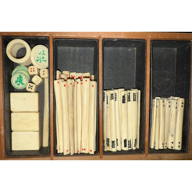 1920s Beautiful Antique Chinese Mahjong Game Set in Stunning Dovetailed Wood, Leather & Brass Case For Sale - Image 5 of 18