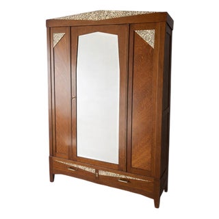Art Deco Oak Wardrobe with Mirror and Carved Details, 1920s For Sale