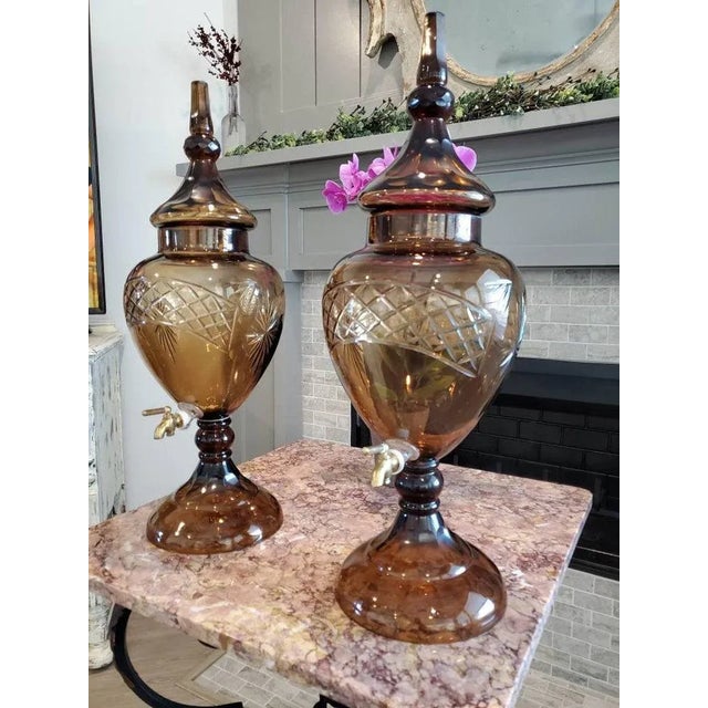 Amber Monumental Bohemian Art Glass Urn Beverage Dispensers - a Pair For Sale - Image 8 of 11