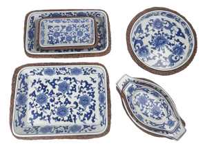 Ceramic Serving Platters in White and Blue Floral Pattern with Woven Wicker Mount, 1980, Set of 6
