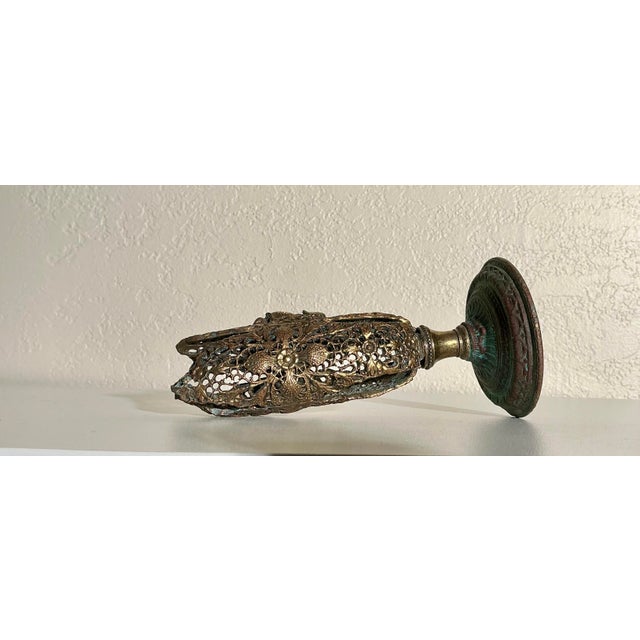 Vintage Art Nouveau Openwork Bronze-Finished Metal Pillar Candleholder W Organic Floral Relief For Sale - Image 11 of 11