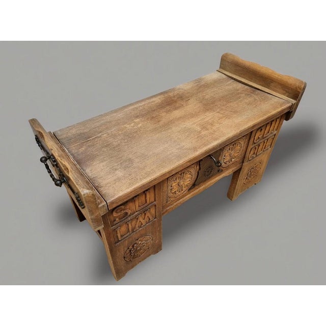 Brutalist Brutalist Oak Hall Chest Bench with Black Iron Hardware, 1960s For Sale - Image 3 of 13