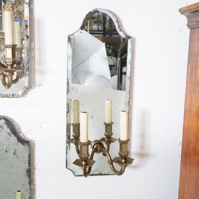 Beveled mirror and cast brass two-arm sconces For Sale - Image 10 of 12