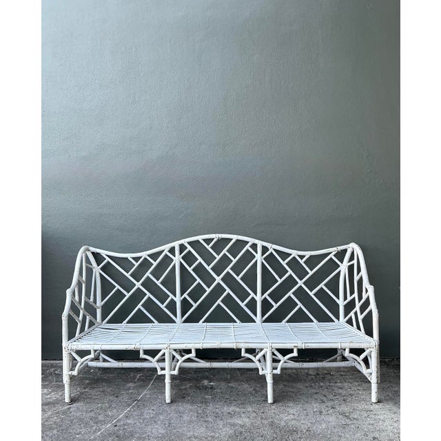 Hollywood Regency Vintage Chinese Chippendale Camel Back Rattan Sofa For Sale - Image 3 of 12