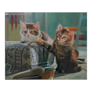 Mid-20th Century Signed G. Pascut - Two Kittens at Play, Oil on Canvas For Sale