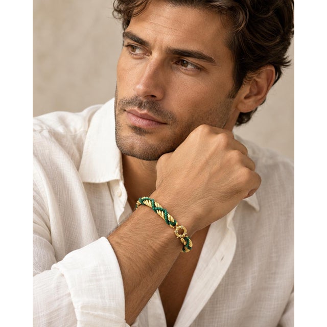 Modern 18k Yellow Gold Rope Bracelet With Emerald Beads For Sale - Image 3 of 7