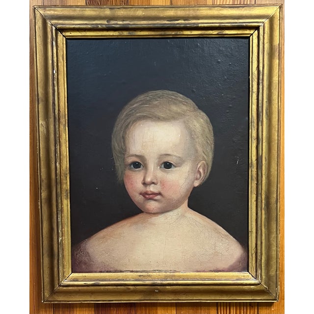 Antique 18th Century English George III Primitive Folk Art Oil Painting - Portrait of a Young Boy in Gilt Wood Frame Circa 1790 For Sale - Image 11 of 12