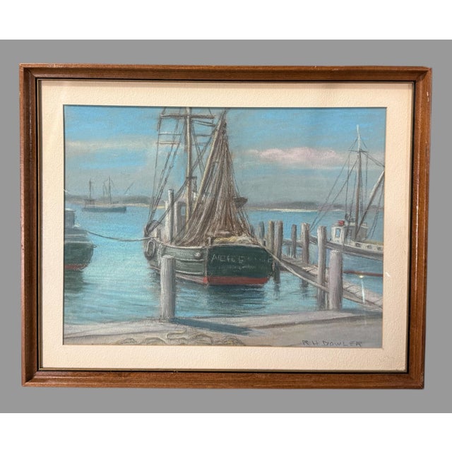 Vintage Dockside Landscape Framed Pastel Watercolor Painting W Backside of Boat For Sale - Image 6 of 6