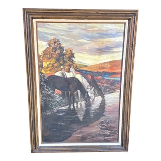 Vintage Signed “Bell” American West Large Painting on Canvas- Watering the Horses For Sale